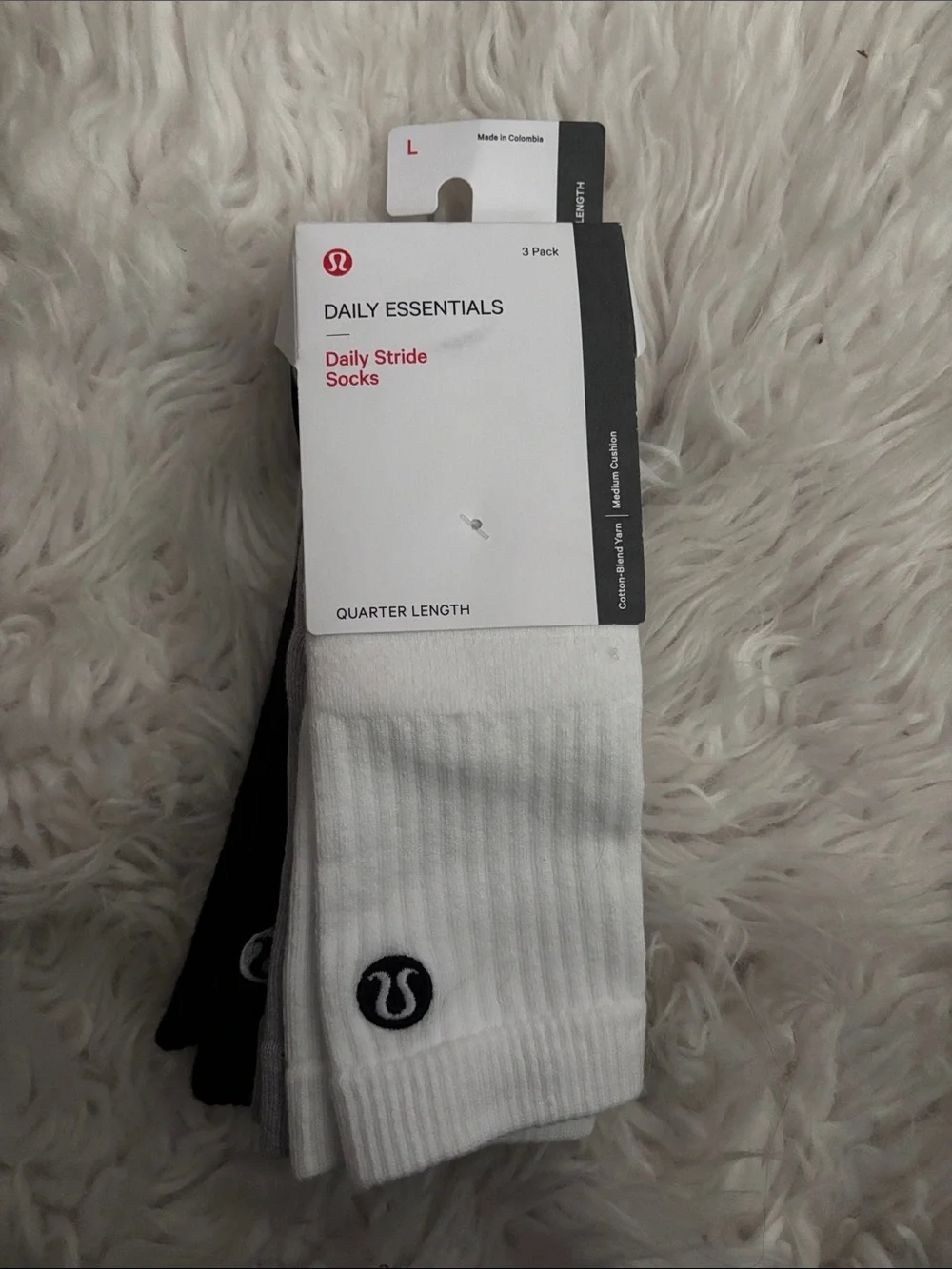 Lululemon Women’s Daily Stride Ribbed Crew Sock *3 pack, Black/Grey/White, Large